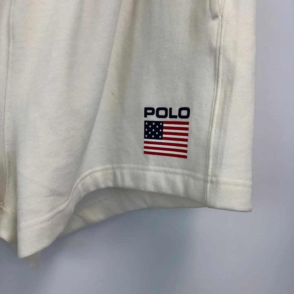 Polo Ralph Lauren Mens White Navy Blue American Flag Sweat Shorts L NWT